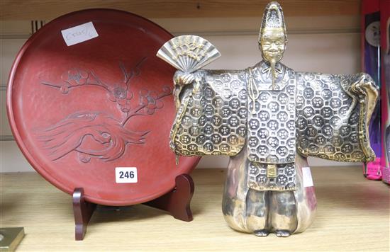 A bronze of a Japanese figure and a red lacquer dish on stand Bronze figure H.30cm